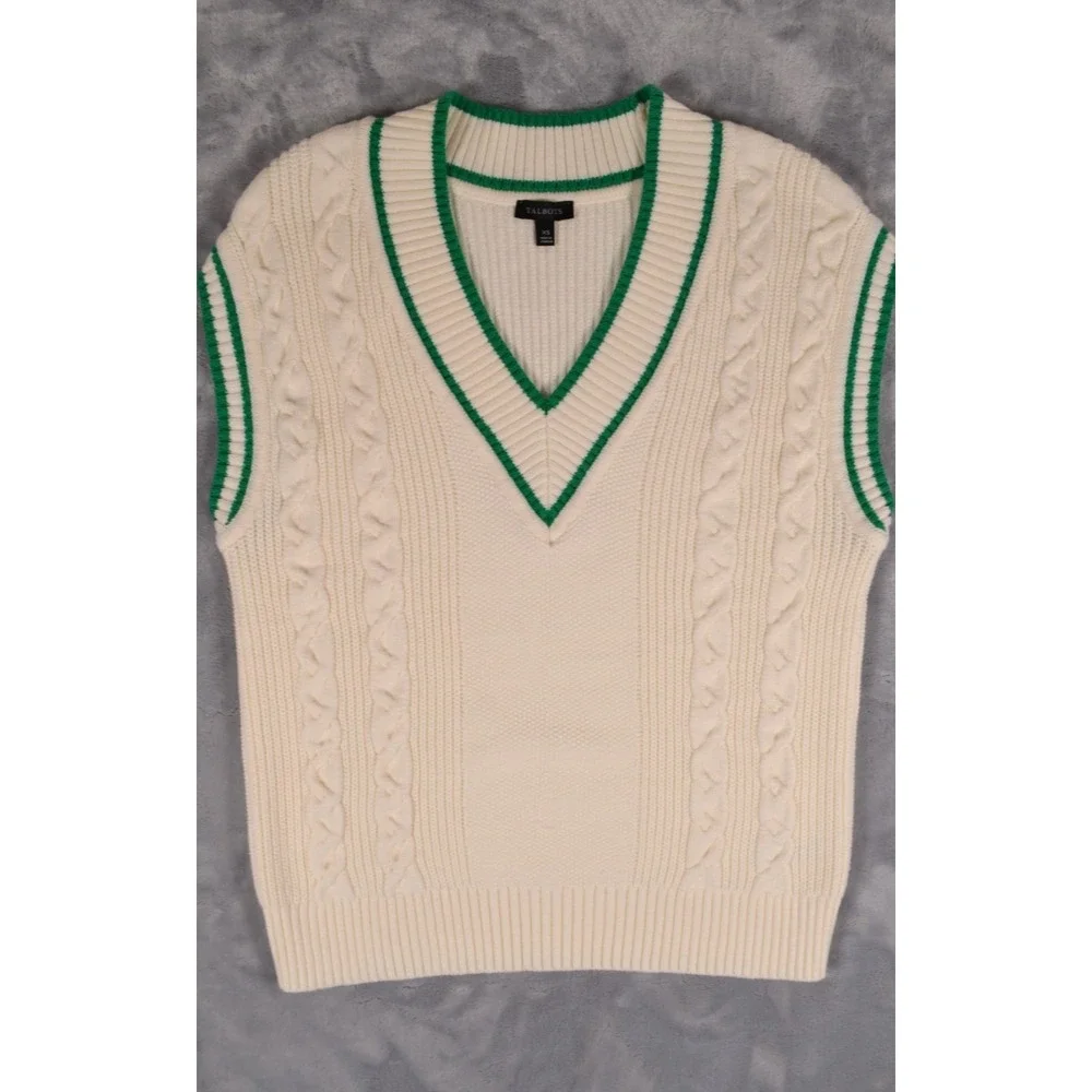 TALBOTS Sweater Vest Womens XS White Cable Knit V Neck Green Trim Preppy - Picture 10 of 13